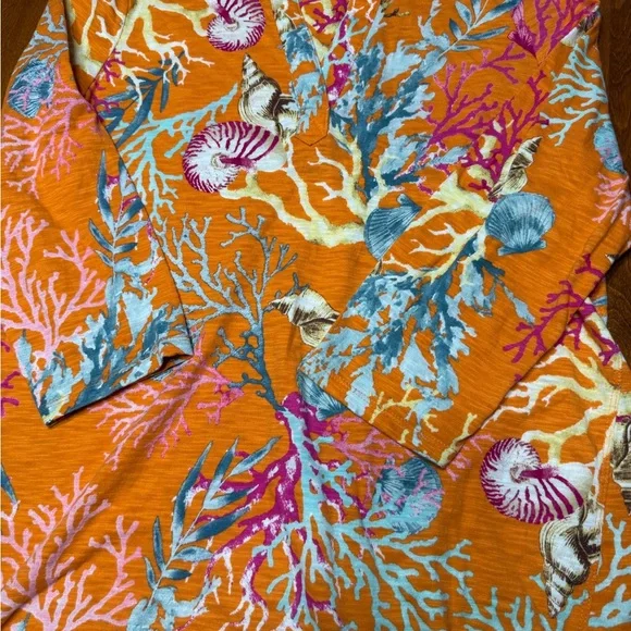 Chico's Women’s 3/4 Sleeve Coral Cotton Slub Vneck Sharkbite Hem 1 Medium - Picture 5 of 14